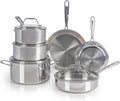 T-fal Pro Tri-Ply Stainless Steel Cookware Set, 10 Piece-Induction Compatible, Oven Safe 500F, Lids-350F, Even Heat, Professional Quality, Durable, Induction Pots and Pans Set, Silver