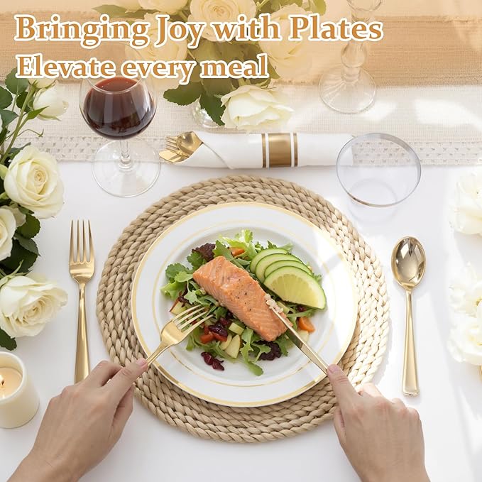 350Piece Gold Dinnerware Set for 50 Guests - Gold Plastic Plates with Disposable Cutlery Include:50Dinner Plates-50Dessert Plates-50Pre Rolled Napkins with Silverware for Valentine’s Day