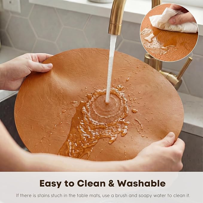 Artoid Mode Rust Faux Leather Placemats Set of 6, 15 Inch Waterproof Wipeable Heat Resistant Vinyl Place Mats, Reversible Table Mats for Fall Kitchen Dining Decor