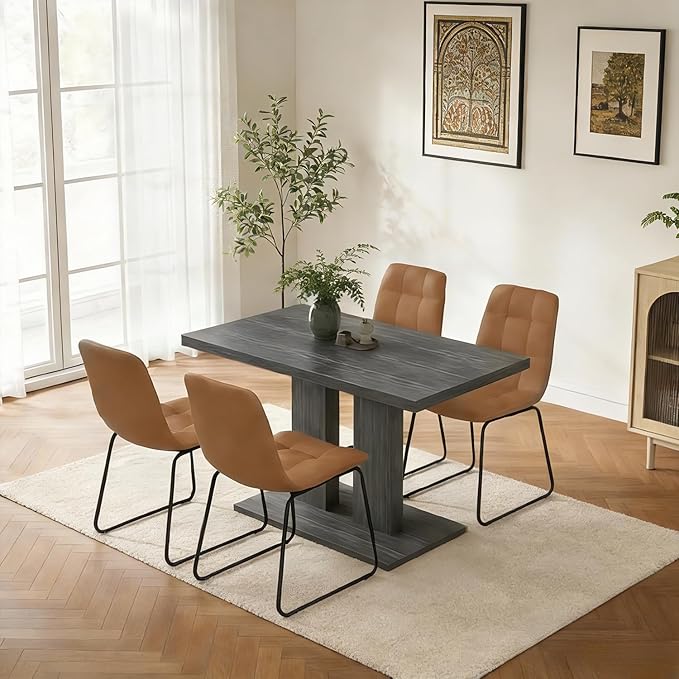 Modern 5-Piece Dining Table Set for 4, 46" Pedestal Dining Table with 4 Leather Chairs, Small Space Saving Kitchen Table Set, Grey Wood Finish Rectangular Table for Dining Room & Apartment