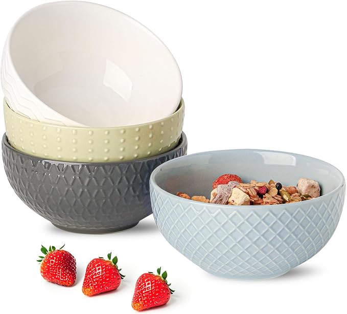 HASENSE Ceramic Cereal Bowls Set of 4, 26 OZ Soup Bowls, Embossed Stoneware Porcelain Bowls for Cereal, Soup, Oatmeal, Salad, Noodles & Rice, Microwave & Dishwasher Safe, Multi-Color