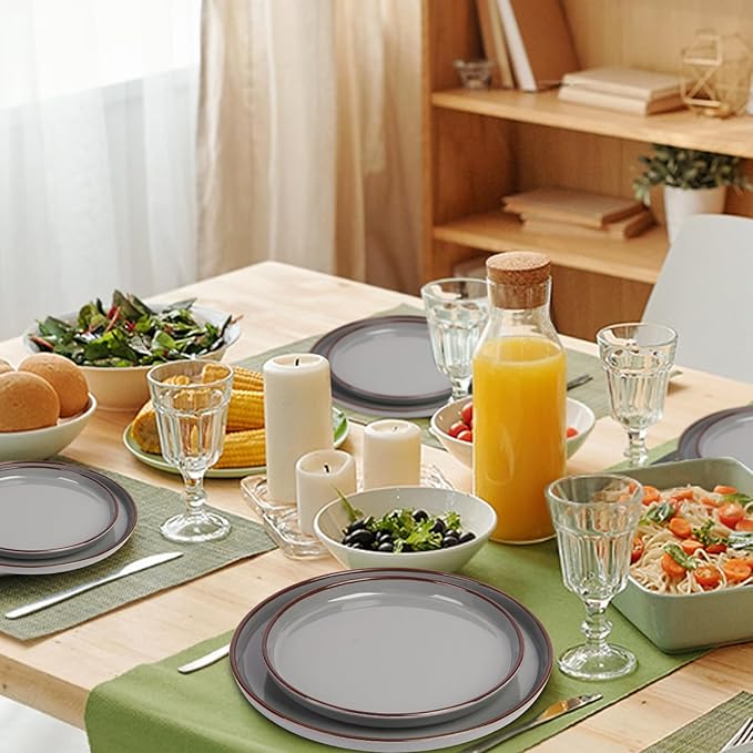 Melamine Dinnerware Sets 12 Piece Unbreakable Plates & Bowls Sets Lightweight Shatterproof Durable Dishware for Camping Picnic Party (Fog Gray)