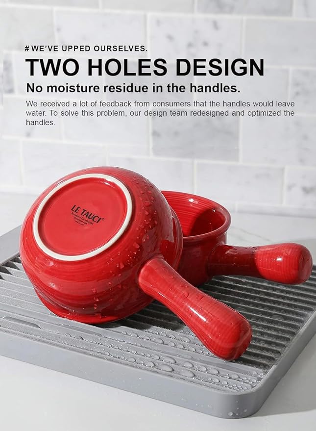 LE TAUCI French Onion Soup Bowls, 15 Ounce Ceramic Soup Bowls with Handles, for Chili, Beef Stew, Oven Microwave Dishwasher Safe, Set of 4, Red