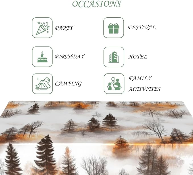 70x140 Inch Nature Rectangle Tablecloth Watercolor Autumn Forest Misty Pine Tree Sunrise Table Cloth Waterproof Reusable Table Cover for Dining Home Kitchen Thanksgiving Picnic BBQ