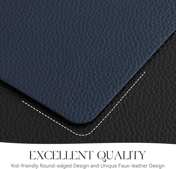 MOSAYT Vinyl Placemats Set of 8, Heat Resistant Place Mats 100% Waterproof Washable & Wipeable Faux Leather Reversible Table Mats for Kitchen Dining Party Indoor Outdoor, 12" x 17", Black/Navy