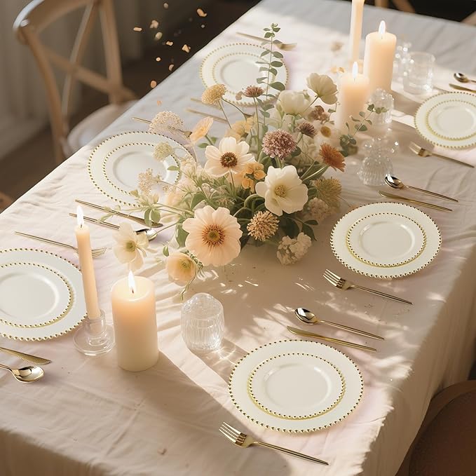 EI 60pcs Beige Plastic Plates with Gold Rim,Ivory Disposable Plates,Heavy Duty Fancy Plastic Plate,10.25" Dinner & 7.5" Dessert Plate Elegant for Party,Wedding,Birthday,Spring,Afternoon tea