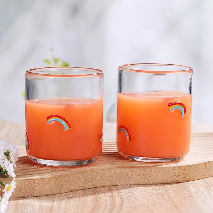 Icon Juice Glasses, 14oz Stemless Wine Drinking Juice Glass Cup for Valentine Party Supplies Gift(2 Pcs,Rainbow)