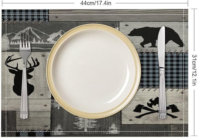 Bear Moose Deer Placemats Rustic Wildlife Moose Forest Animal Cabin Lodge Lake Pine Heat-Resistant Linen Table Place Mats for Dining Kitchen Country Camp Style Farmhouse Decor 6 PCS, Countryside-8