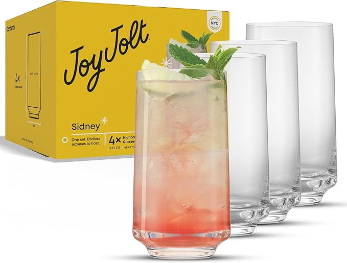 JoyJolt Sidney Highball Glasses Set of 4 | 16 oz Drinking Glasses for Water, Soda, Cocktail, Mojito, Tom Collins | Tall Glass Cups | Home Bar Glass Set | Premium Crystal Barware Made in Europe