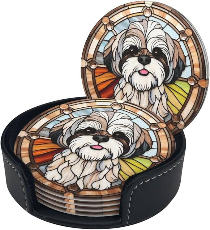 Drink Coaster Set of 6, Shih Tzu Dog Mom Lover Gift,Leather Drink Coasters with Holder,6 Pack Cup/Bar/Drink Coasters for Table/Drinks/Coffee Protection Housewarming Gift