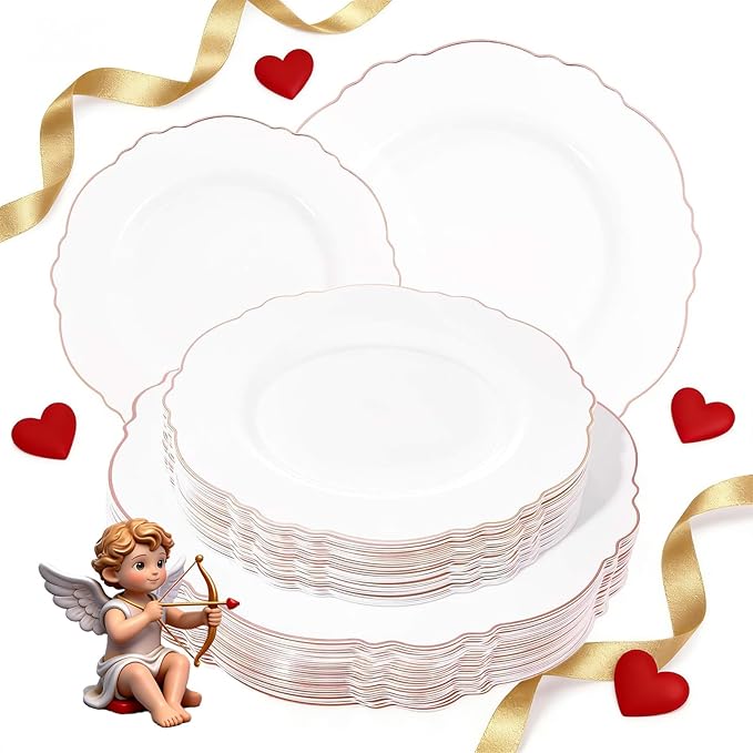 WDF 60pcs Rose Gold Plastic Plates-Baroque White &Rose Gold Disposable Plates including 30Plastic Dinner Plates 10.25inch, 30 Salad Plates 7.5inch for Wedding, Parties, Valentines Day