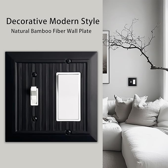 Beadboard Outlet Covers Wall Plates, Bamboo Fiber Light Switch Covers, Natural Material Electric Receptacle Decorative Switch Plate Outlet Cover Matte Black (2 Gang Toggle/Decorator 2 Pack)
