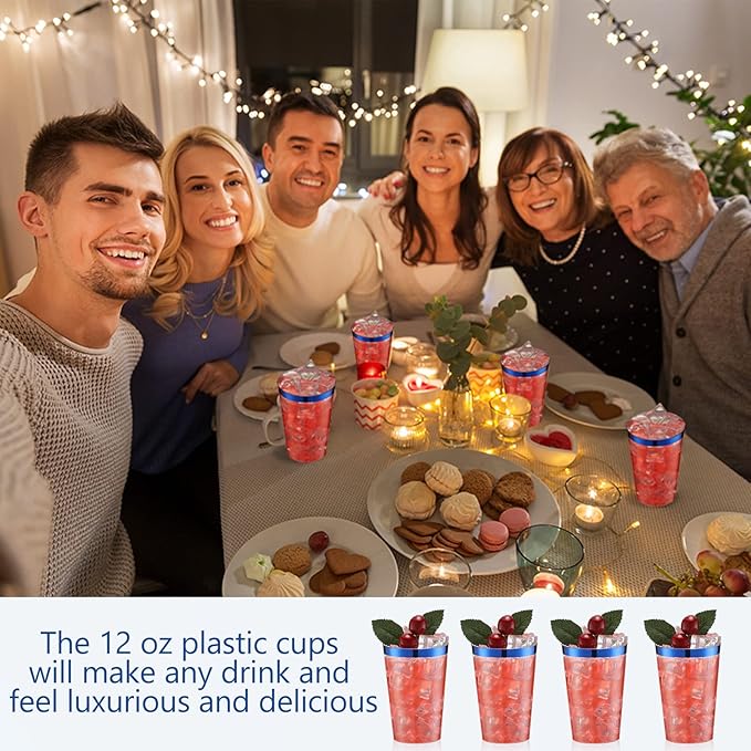 Patelai 100 Pcs Blue Plastic Cups 12 oz Blue Rimmed Plastic Cups Heavy Duty Disposable Wine Glasses Clear Cocktail Glasses Drinking Tumblers for Party Wedding Christmas Birthday