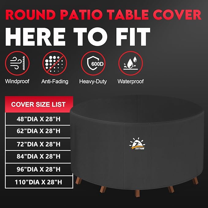 Zettum Round Patio Table Cover 110 Inch - 600D Outdoor Furniture Cover Round Waterproof & Heavy Duty, Lawn Furniture Set Covers Large for Outside Dining Table and Chairs Seating - 110 x 110 x 28 Inch