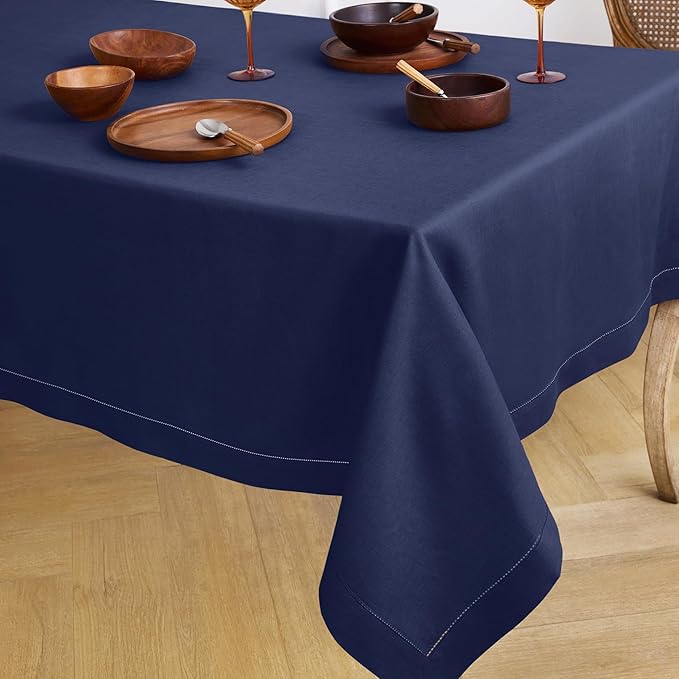 Solino Home Linen Tablecloth for Rectangle Tables 60 x 90 Inch - Classic Hemstitch 100% Pure Linen Navy Blue Table Cloth - Machine Washable Cloth Tablecloth for Winter, Easter
