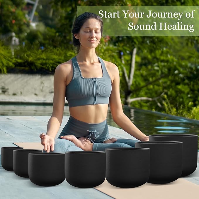 432HZ 6-12 Inch 7 Pcs Black Frosted Crystal Singing Bowl Set for Meditation Healing Yoga Chakra Quartz Crystal Sound Bowls with Heavy Duty Carry Cases and Rubber Mallet,Suede Striker,O-rings