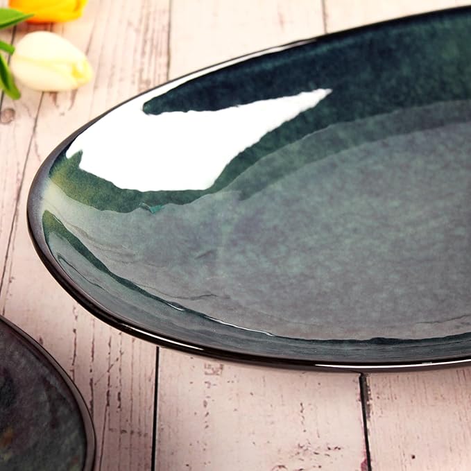 Ceramic Serving Platters Set of 2, 16 Inch Curved Oval Salad Plates for Entertaining, Modern Kitchen Dishes, Trays for Dinner, Fruit, Salad, Pasta, burgers - Dishwasher Microwave Safe