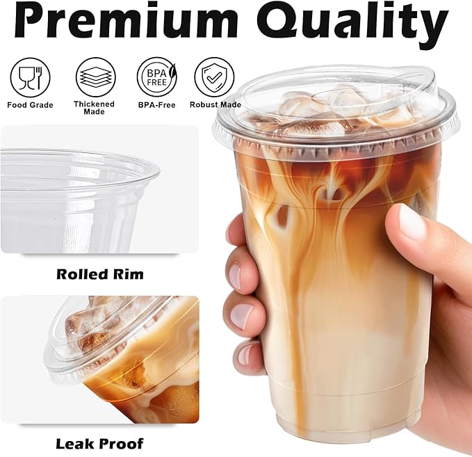 20 oz 100 Pack Clear Plastic Cups with Lids, Sturdy Iced Coffee Cups with Sip Lids, Disposable Food Safe Smoothie Cup for Cold Drinks, Juice, Milkshake