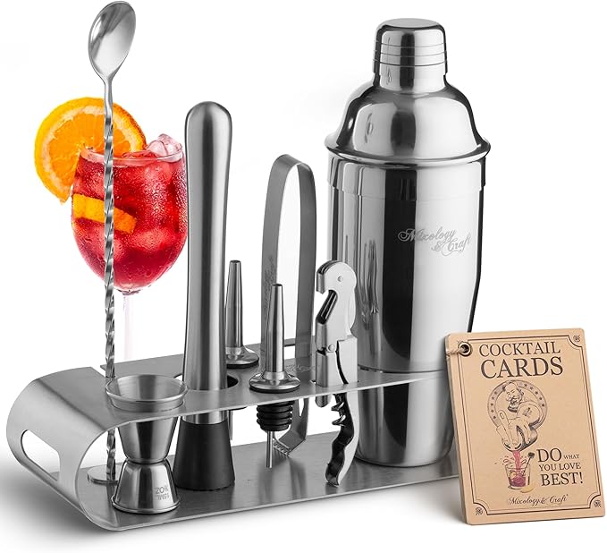Mixology & Craft Cocktail Shaker Set with Stainless Steel Stand - 9-Piece Bartender Kit with Recipe Cards - Cocktail Mixer & Barware Tool Set