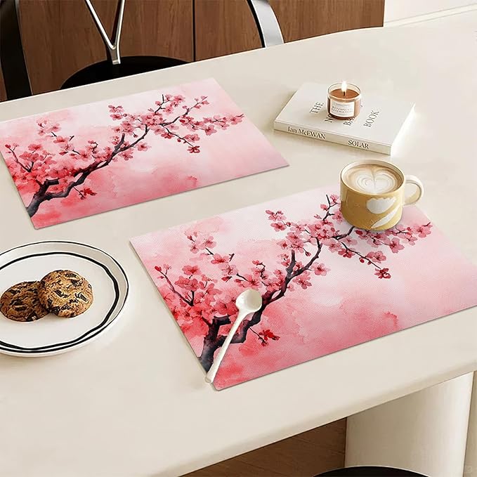 Japanese Cherry Blossom Placemats Set of 6, Pink Sakura Floral Place Mats, Flower Waterproof Washable Table Mats for Home Party Indoor Kitchen Dining Table Decoration 12x18 Inch