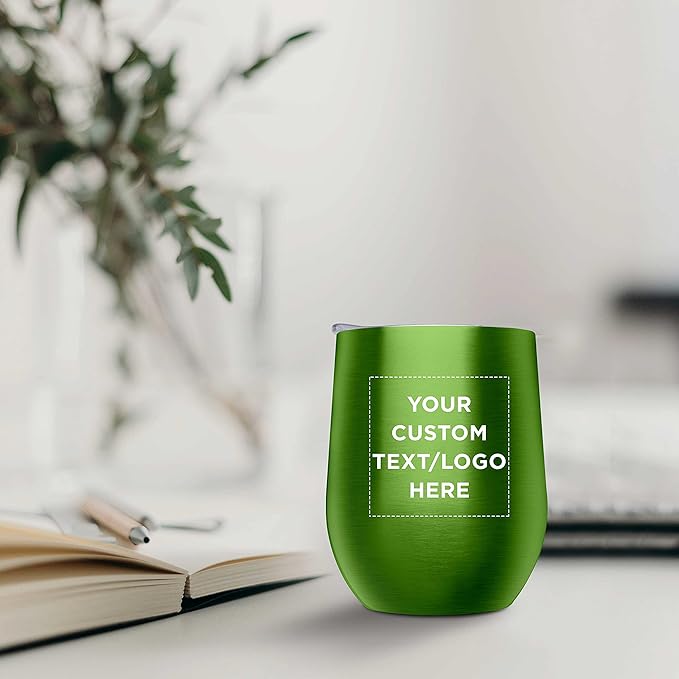 Custom Stemless Wine Glass Tumblers with Lids by Largo 11 oz. Set of 6, Personalized Bulk Pack - Perfect for Wine, Cocktails, Other Hot & Cold Beverages - Lime Green