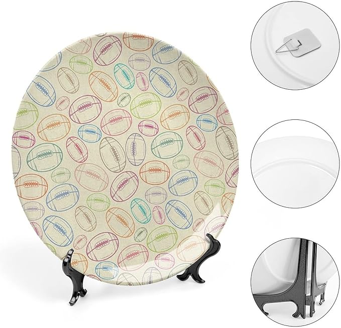 Decorative Plates, American Football Print Ornament, Grunge Looking Hand Drawn Sports Sketch, 10 Inch, 1 Plate with 1 Display Stand, Multicolor