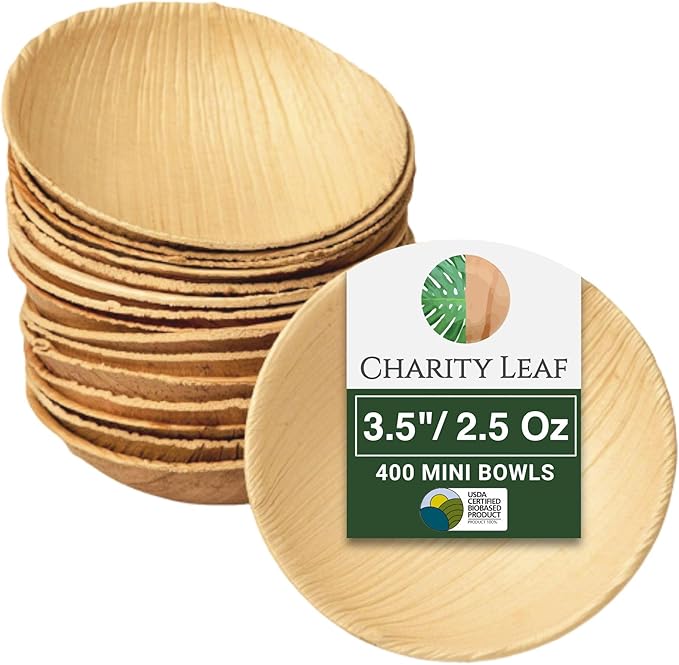 Charity Leaf Disposable Palm Leaf 3.5" Round Mini Bowl (400 pcs) Dipping Bowls | Bamboo Like| All Natural and Biodegradable | Charcuterie Boards, BBQs, and Parties