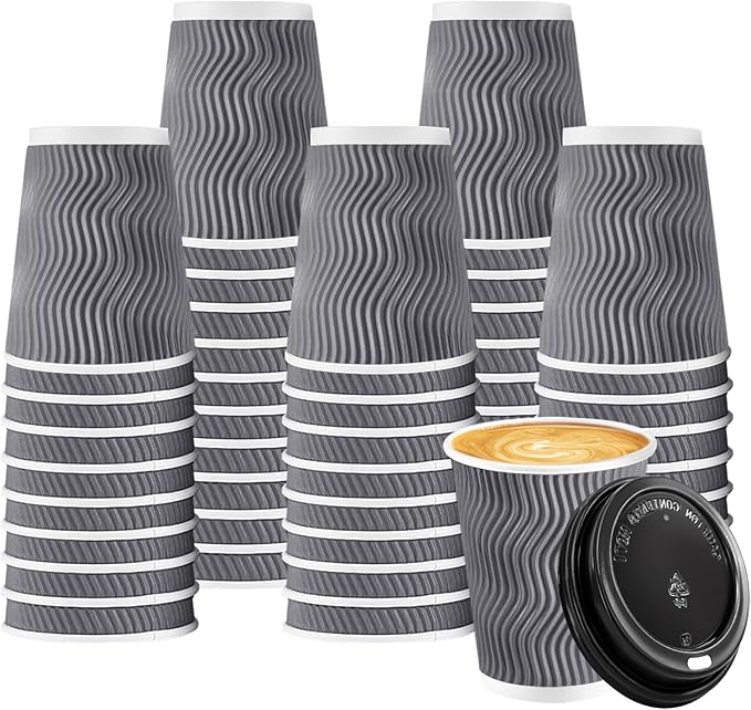 100 Pack 8 oz Coffee Cups with Lids, Disposable Insulated Hot Cups To Go Paper Coffee Cups, Corrugated Ripple Wall Cup for Hot Drink, Office, Coffee Bar (Grey 8 oz)