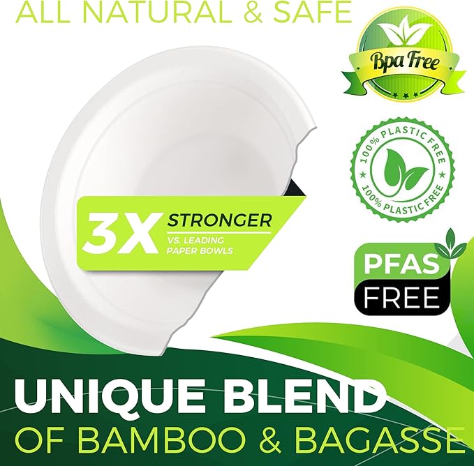 Paper Bowls 16 oz [150-Pack], Heavy Duty Disposable Bowls Perfect for Hot Soup and Milk Cereals, 100% Compostable and Eco-Friendly Made from Bagasse