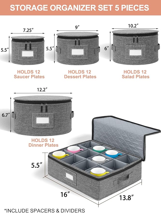 Cirhy China Storage Containers 5-Piece Set - Reinforced Hard-Sided Moving Boxes for Dinnerware, Fine China, Stemware & Mugs - Sturdy Quilted Dish Packing Protectors with Dividers (Service for 12)