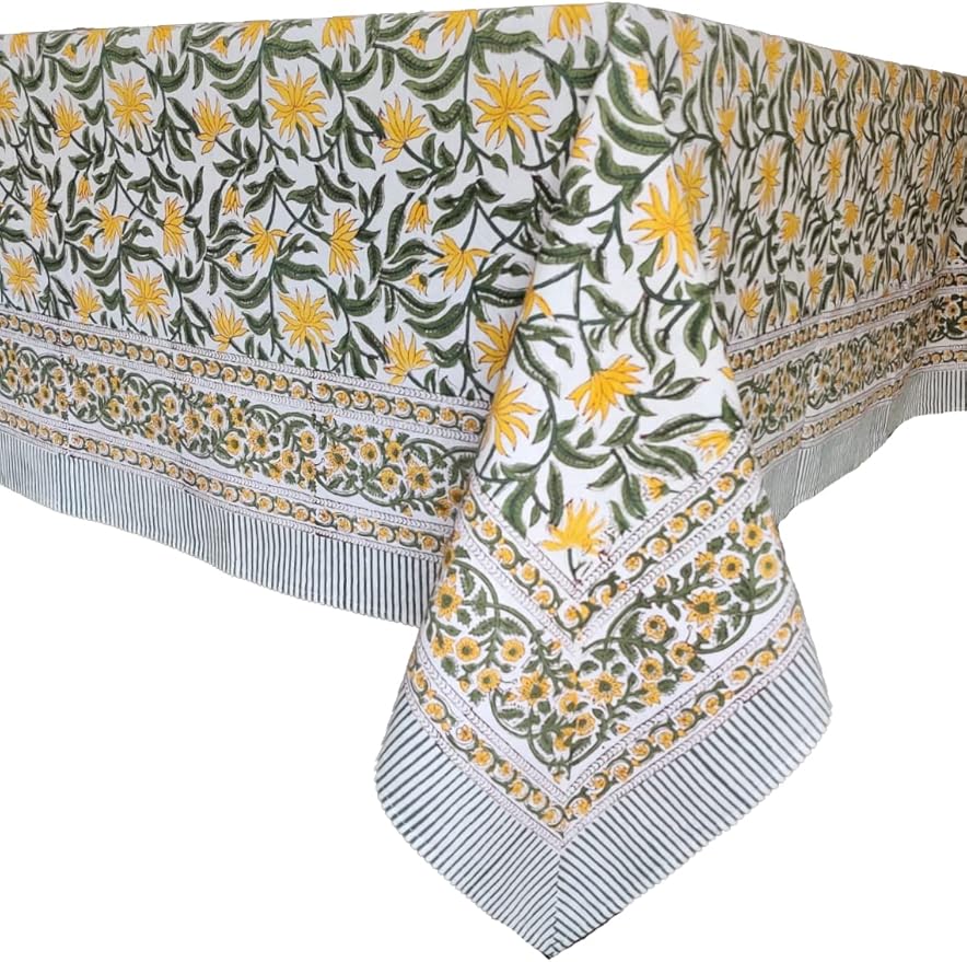 ATOSII 'Noor' 100% Cotton Boho Rectangle Tablecloth, Handblock Floral Print Linen Table Cloth for Dining Table I Tabletop I Parties/Outdoor I Wedding I Spring/Summer (60" X 90")