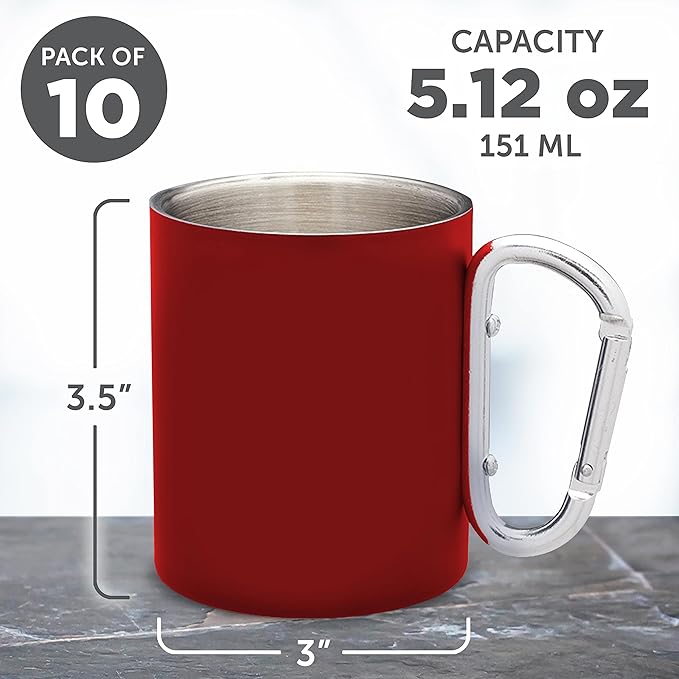 DISCOUNT PROMOS Stainless Steel Mugs with Carabiner Handle 10 oz. Set of 10, Bulk Pack - Perfect for Coffee, Soda, Other Hot & Cold Beverages - Red