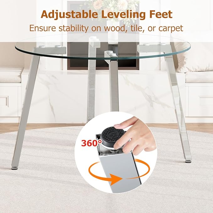 42" Round Glass Dining Table Set for 4,Modern Breakfast Table Set for 4 with Silver Chrome Legs,Space Saving Kitchen Table and White Chairs for Apartment,Easy Assembly