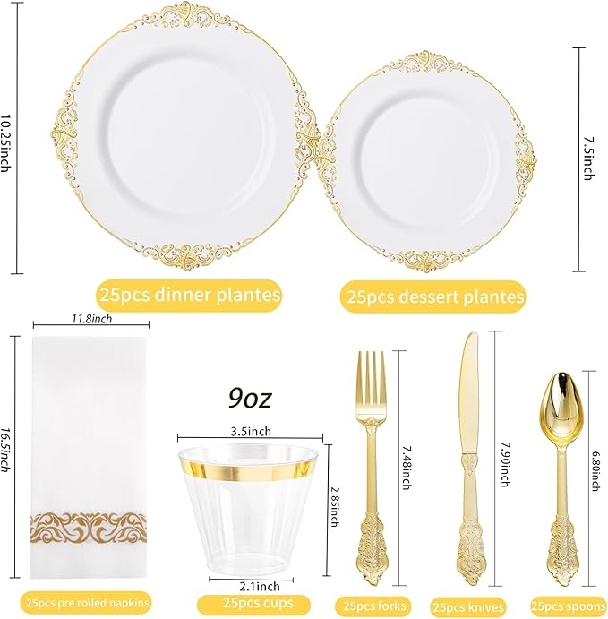 Hioasis 175pcs White and Gold Plates - White Party Plates for 25 Guest, Include 50 Heavy-duty Plates(20% Thicker Than Standard), 25 Cutlery Set, 25 Napkin, 25 Cups