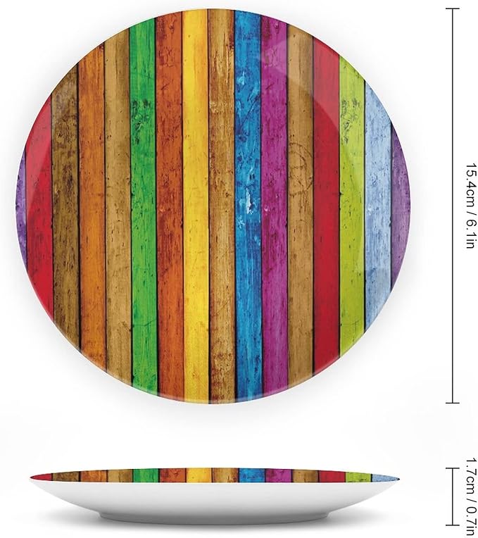 Ceramic Display Plate, Abstract Ceramic Hanging Decorative Plate, Vibrant Wooden Artistic Cheerful Art Rainbow Image, 10 Inch, Living Room Kitchen Decoration Household, Multicolor