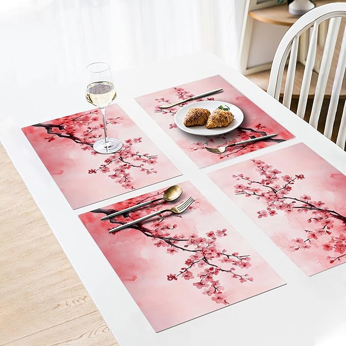Japanese Cherry Blossom Placemats Set of 4, Pink Sakura Floral Place Mats, Flower Waterproof Washable Table Mats for Home Party Indoor Kitchen Dining Table Decoration 12x18 Inch