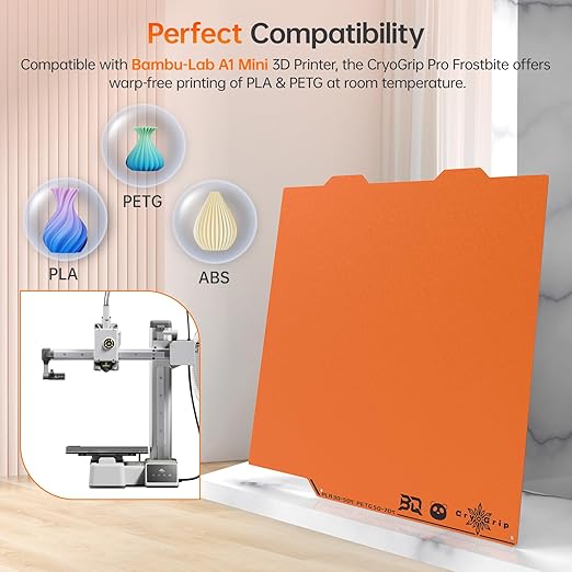 BIQU Cryogrip Pro Frostbite Matte Orange Cold Build Plate for Bambu-Lab A1 Mini 3D Printer 184x184MM Double-Sided Upgrade Room Temperature Print Removable Surface Platform