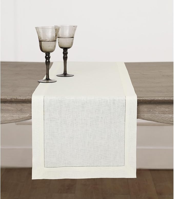 Solino Home Linen Ivory Table Runner 60 Inches - Classic Hemstitch, 100% Pure Linen Coffee Table Runner 14 x 60 Inch Ideal for Dresser Tables - Spring, Easter