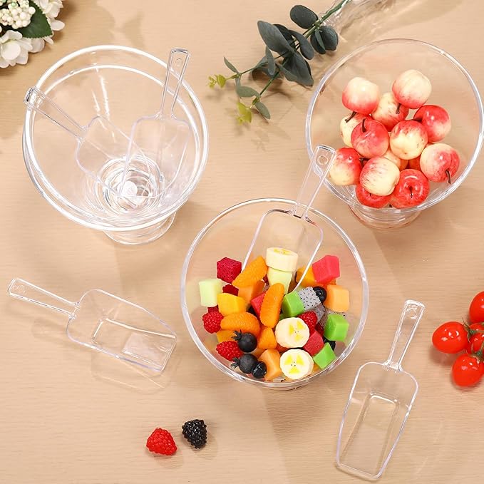 Sawysine 12 Pcs Acrylic Clear Serving Bowls with Plastic Kitchen Scoops Salad Serving Bowls Popcorn Scoops Angled Candy Bowl for Salad Cooking Parties(24 oz)