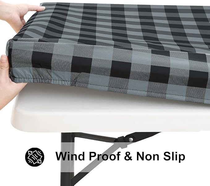 Smiry Rectangle Picnic Table Cloth, Elastic Waterproof Fitted Vinyl Tablecloths, Flannel Backed Buffalo Plaid Table Covers for Dining, Camping, Outdoor (Black and Grey, 30" x 72")