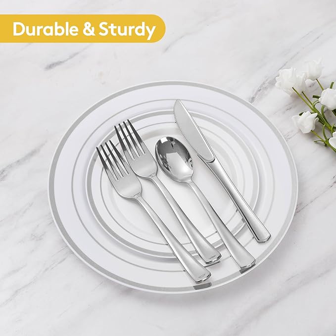 Goodluck 300-Piece Disposable Dinnerware Set for 50 Guests - Silver Plastic Plates, Salad Plates, Cutlery & Cups for Parties & Weddings
