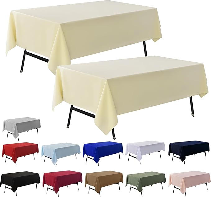 2-Pack 60x102 inch Beige Table Cloths, Solid Stain and Wrinkle Resistant Oblong Tablecloth, Premium Plain Weave Polyester Fabric Rectangle Table Linen Covers for Hotel, Wedding