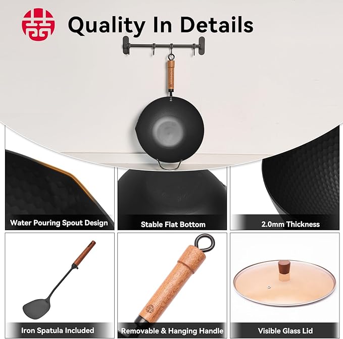 WANGYUANJI Carbon Steel Wok with Lid, 12.6" Hammered Stir Fry Pan with Helper Handle & Iron Spatula, Thickened Heavy Duty Flat Bottom Wok for Induction, Electric & Gas Stoves, Metal Utensil Safe