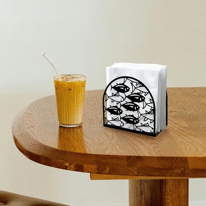 School of Fish Decorative Black Metal Napkin Holder for Table, 5.3"x4.9"x1.9" Shoal of Fish Ocean Animal Standing Napkin Holder for Home Kitchen Restaurant Picnic Coffee Bar Dining Room