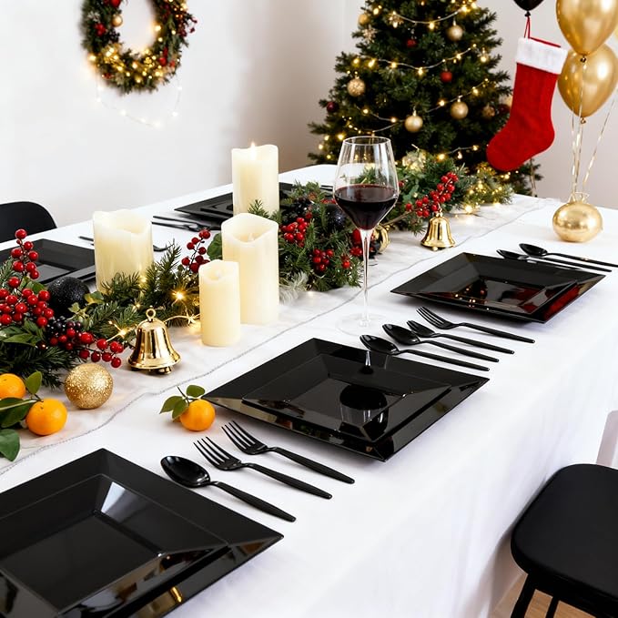 Liacere 60PCS Black Plastic Plates - Premium Square Disposable Plates - Include 30PCS 9.5inch Dinner Plates - 30PCS 7inch Dessert Plates for Party & New Year & Father's Day