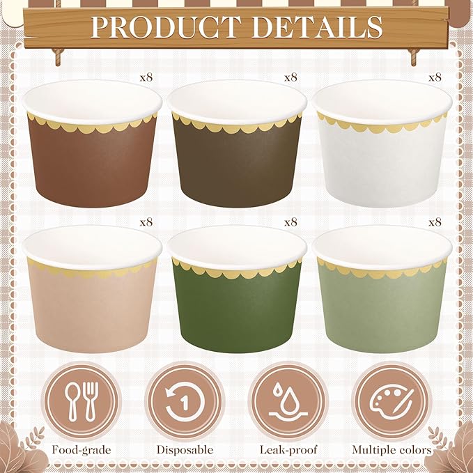Zopeal 48 Pcs Woodland Disposable Ice Cream Bowls 9oz Green and Brown Gradient Color Paper Snack Cups with Gold Scallop for Parties, Weddings, Baby Showers, Desserts, Yogurt, and Salads