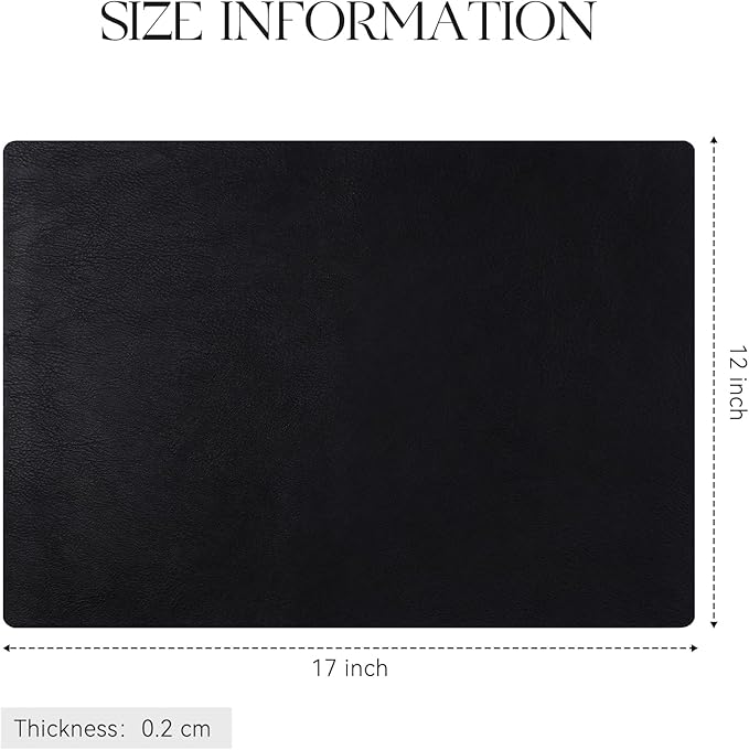 MOSAYT Vinyl Placemats Set of 8-12 X 17 Inch - Faux Leather 100% Waterproof Oil-Proof Wipeable PU Place Mats, Heat Resistant Reversible Table Mats for Kitchen, Dining, Outdoor (Black)