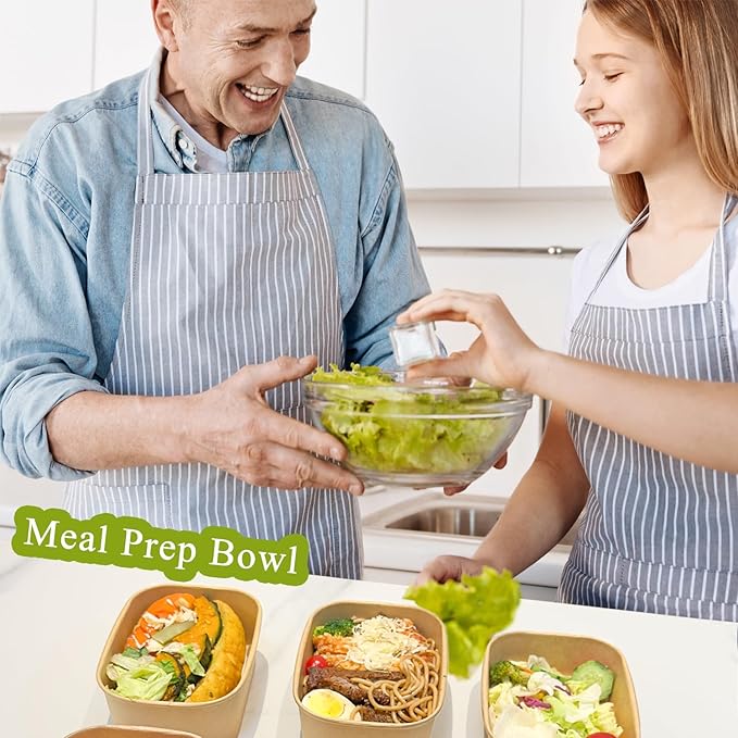 MINCOCO 50 Count Disposable Paper Bowls with Lids Meal Prep Containers 【Includes 50 Wooden Forks + 100 Labels】 Salad Food Containers Freezer & Microwave Safe Leakproof Soup Bowls (35 Ounce, 50-Count)