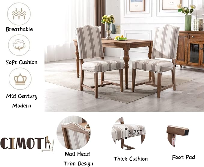 CIMOTA Mid Century Modern Dining Chairs Set of 4, Farmhouse Upholstered Dining Room Chairs Comfortable Kitchen Side Chairs with High Back/Natural Solid Wood Frame, Linen Brown/Beige Stripe