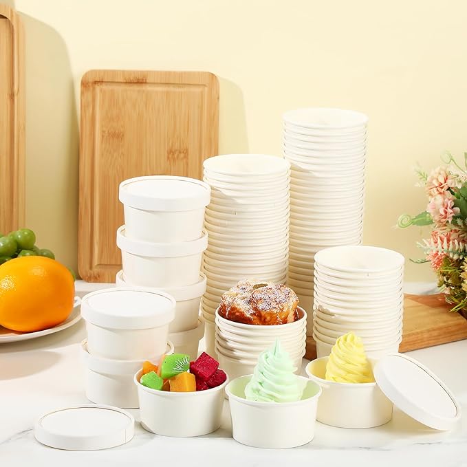 Fulmoon 100 Pack Paper Soup Containers with Lids Disposable Paper Food Containers with Vented Lid Kraft Ice Cream Cake Dessert Cups Soup Bowl for Party Hot Food Fruit Microwave(4 oz,White)